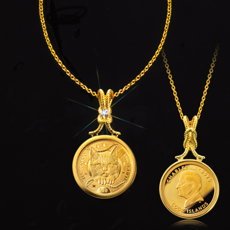 ＜しあわせのＳｈｉｐ’ｓ　Ｃａｔ金貨＞純金コインの宝飾ペンダント